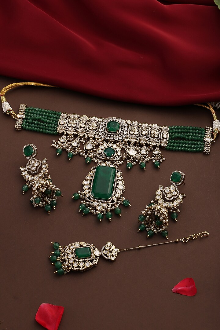 Rose Gold Finish Kundan Polki & Emerald Stone Choker Necklace Set by Swabhimann Jewellery at Pernia's Pop Up Shop