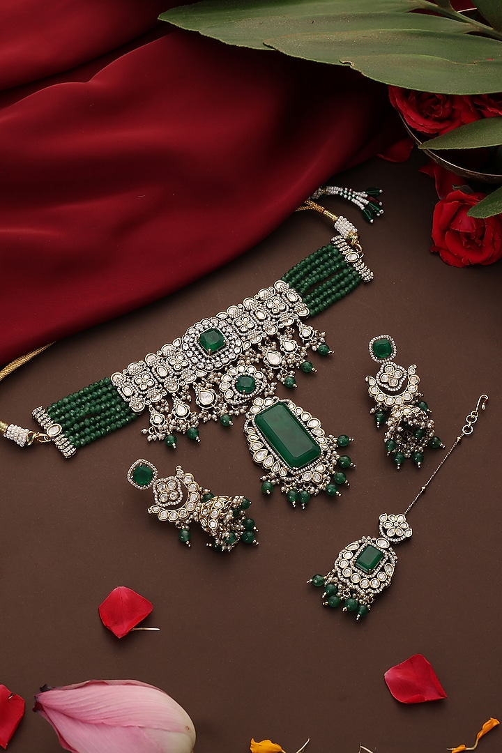 Rose Gold Finish Kundan Polki & Emerald Stone Choker Necklace Set by Swabhimann Jewellery at Pernia's Pop Up Shop