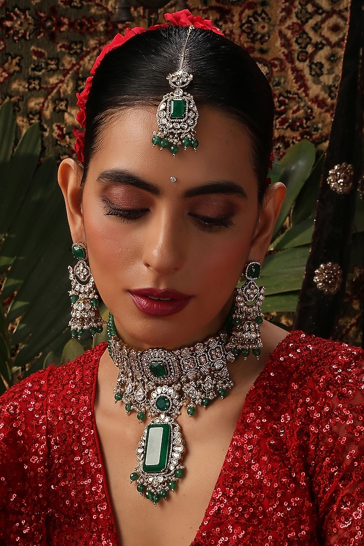 Rose Gold Finish Kundan Polki & Emerald Stone Choker Necklace Set by Swabhimann Jewellery at Pernia's Pop Up Shop