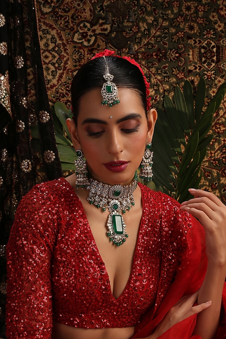 Rose Gold Finish Kundan Polki & Emerald Stone Choker Necklace Set by Swabhimann Jewellery at Pernia's Pop Up Shop