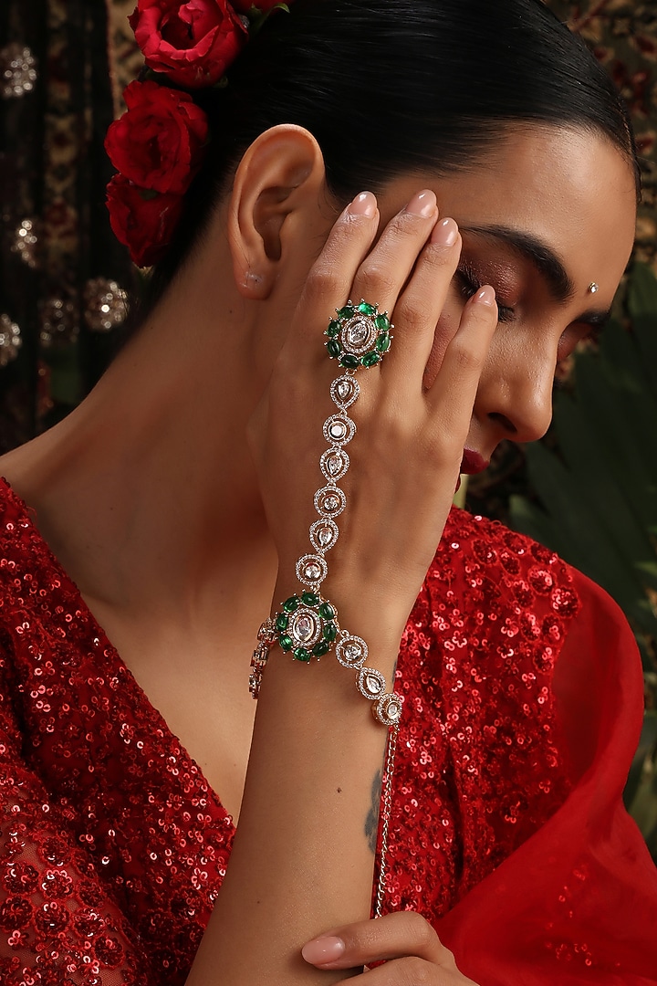 Rose Gold Finish Kundan Polki & Green Stone Haathphool by Swabhimann Jewellery at Pernia's Pop Up Shop
