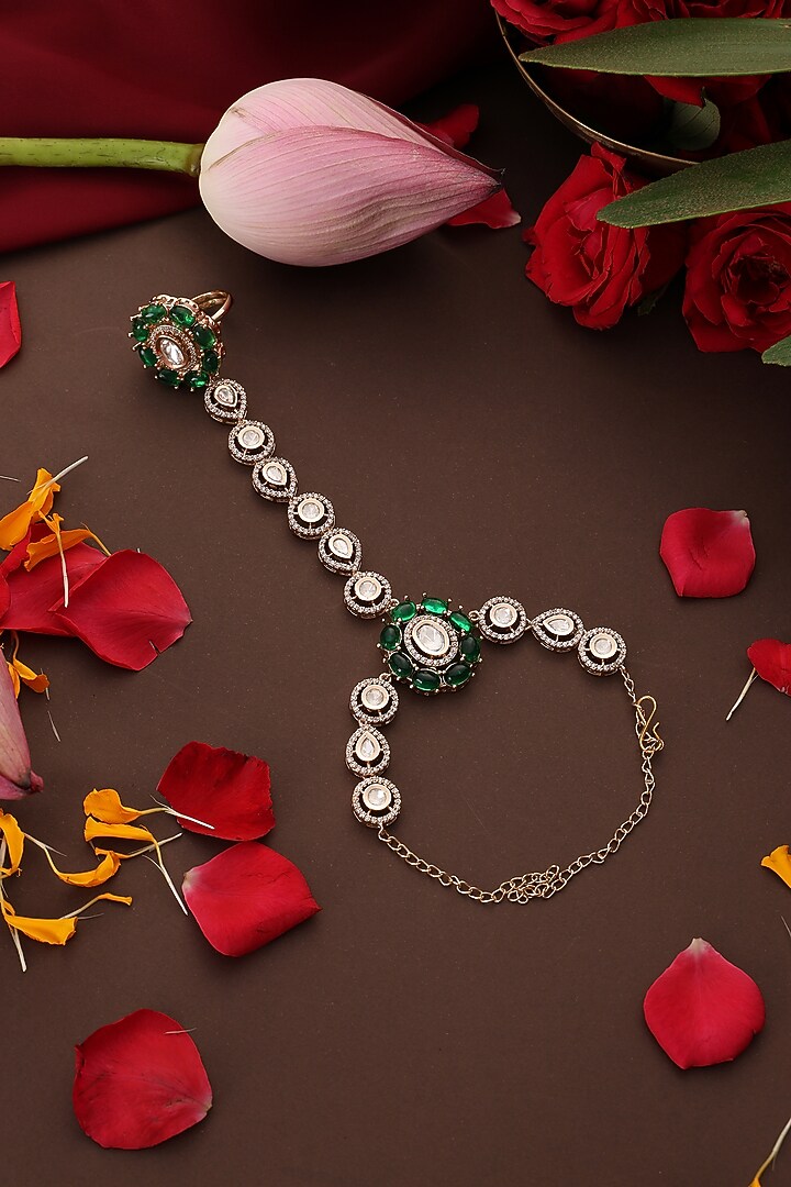 Rose Gold Finish Kundan Polki & Green Stone Haathphool by Swabhimann Jewellery at Pernia's Pop Up Shop