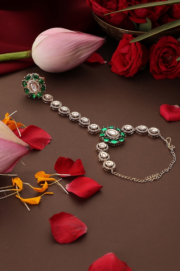 Rose Gold Finish Kundan Polki & Green Stone Haathphool by Swabhimann Jewellery at Pernia's Pop Up Shop