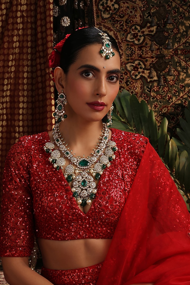 Gold Finish Kundan Polki & Emerald Stone Long Necklace Set by Swabhimann Jewellery at Pernia's Pop Up Shop