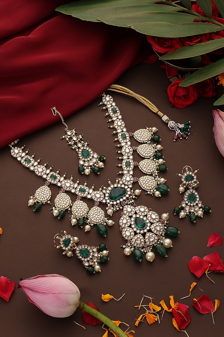 Gold Finish Kundan Polki & Emerald Stone Long Necklace Set by Swabhimann Jewellery at Pernia's Pop Up Shop
