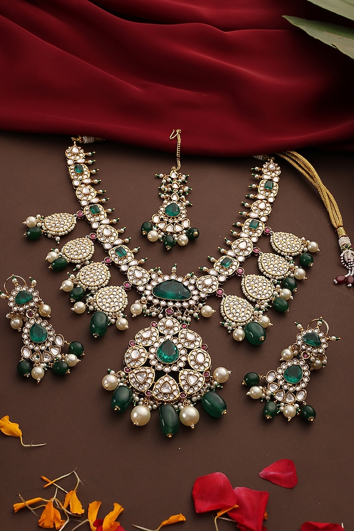 Gold Finish Kundan Polki & Emerald Stone Long Necklace Set by Swabhimann Jewellery at Pernia's Pop Up Shop