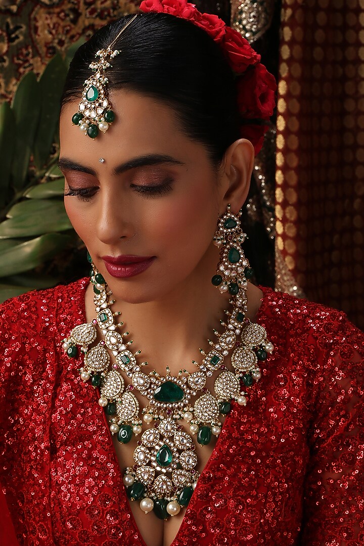 Gold Finish Kundan Polki & Emerald Stone Long Necklace Set by Swabhimann Jewellery at Pernia's Pop Up Shop