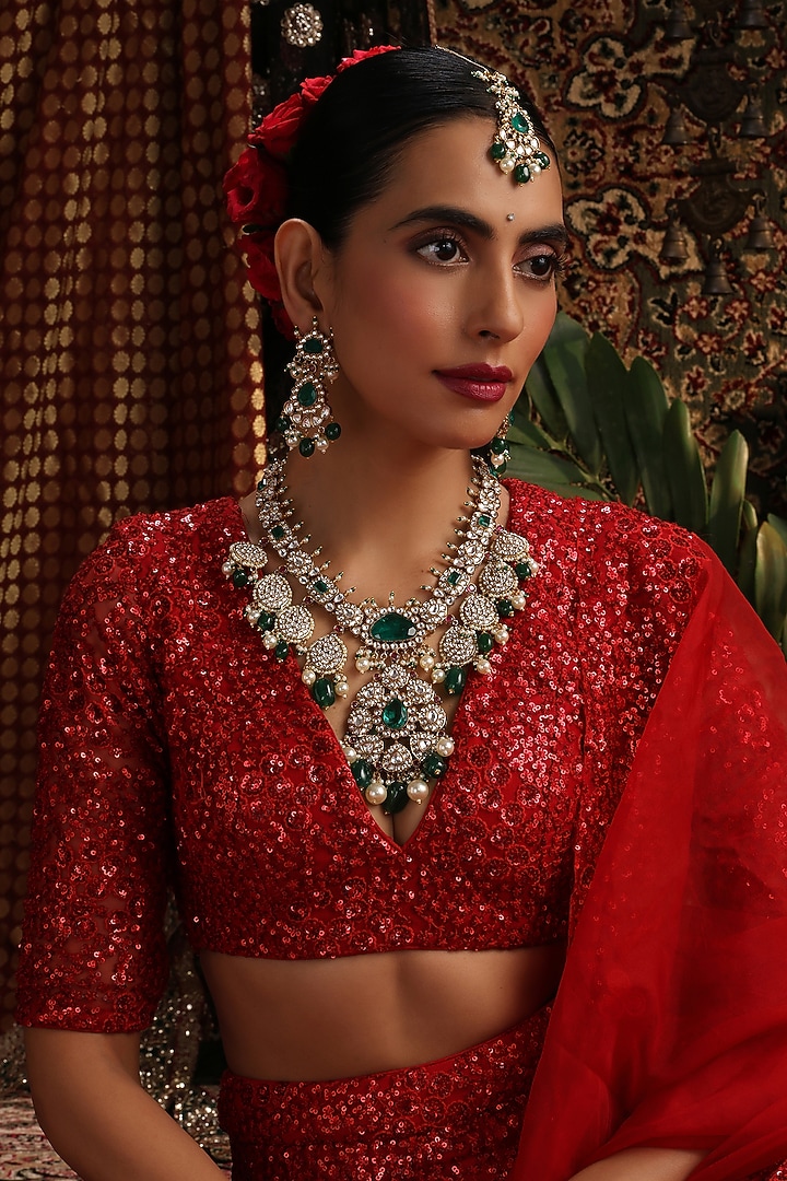 Gold Finish Kundan Polki & Emerald Stone Long Necklace Set by Swabhimann Jewellery at Pernia's Pop Up Shop