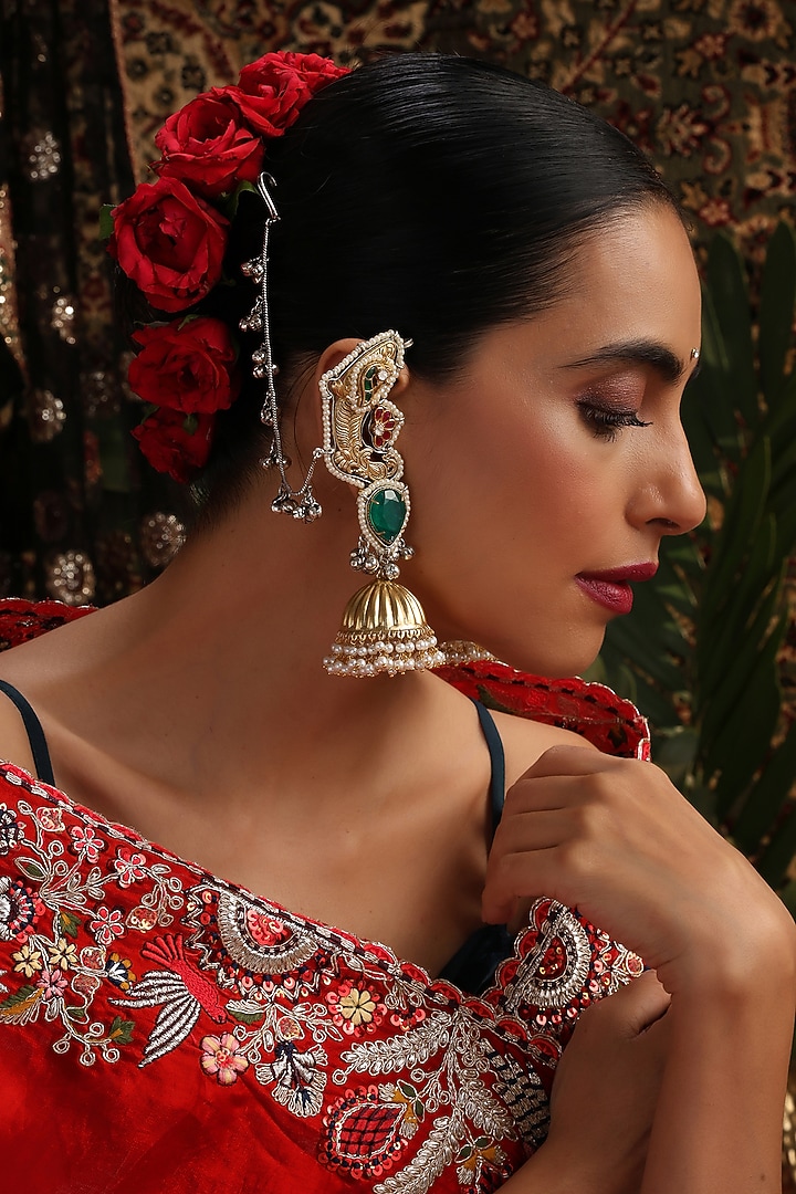 Gold Finish Kundan Polki & Green Stone Jhumka Earrings by Swabhimann Jewellery at Pernia's Pop Up Shop