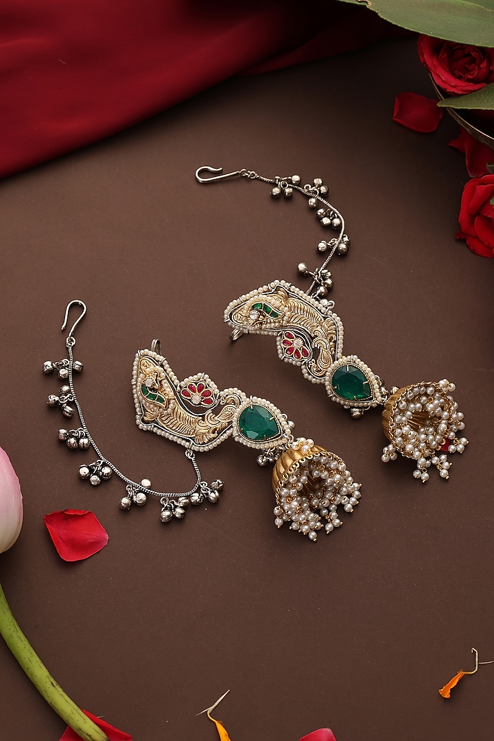 Gold Finish Kundan Polki & Green Stone Jhumka Earrings by Swabhimann Jewellery at Pernia's Pop Up Shop