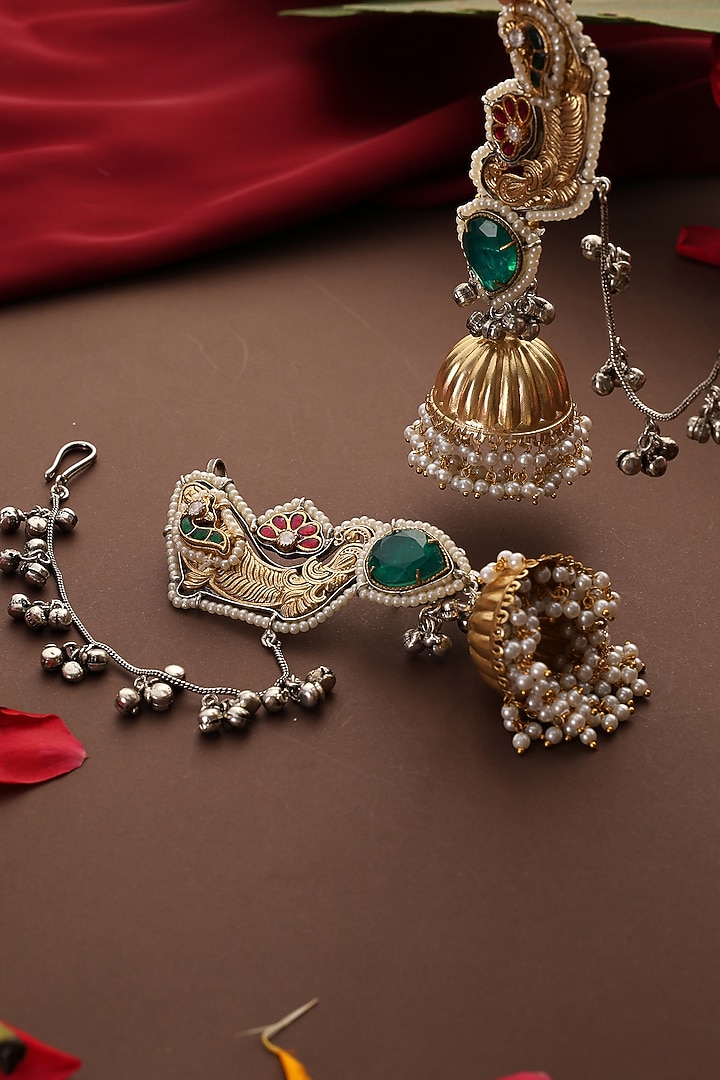 Gold Finish Kundan Polki & Green Stone Jhumka Earrings by Swabhimann Jewellery at Pernia's Pop Up Shop