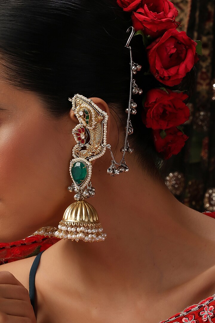 Gold Finish Kundan Polki & Green Stone Jhumka Earrings by Swabhimann Jewellery at Pernia's Pop Up Shop