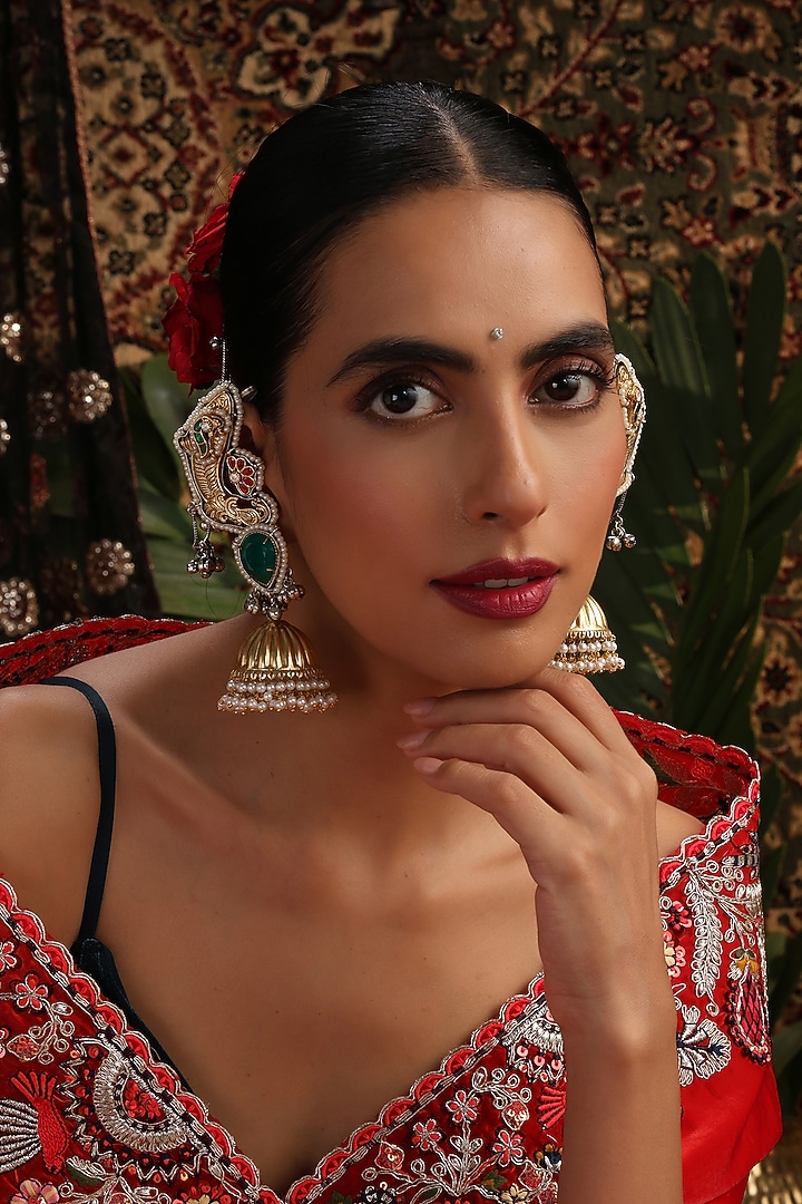 Gold Finish Kundan Polki & Green Stone Jhumka Earrings by Swabhimann Jewellery at Pernia's Pop Up Shop