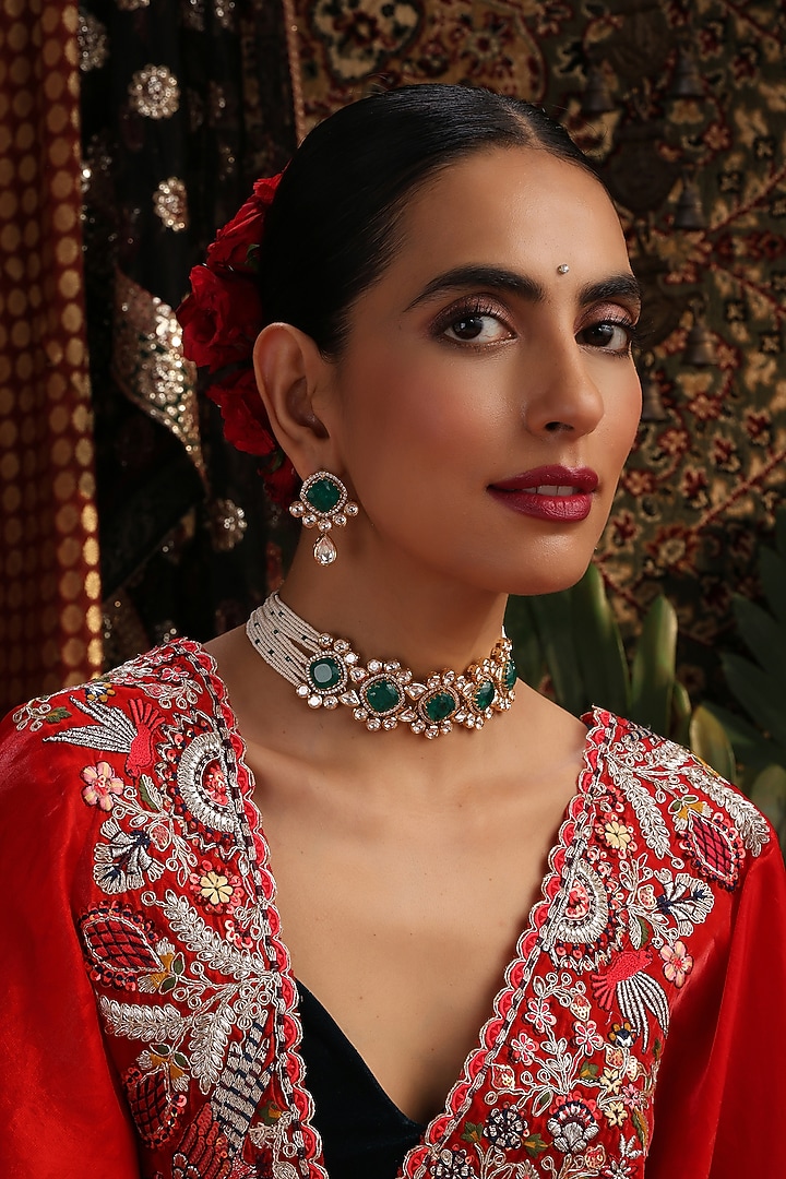 Gold Finish Kundan Polki & Emerald Stone Choker Necklace Set by Swabhimann Jewellery at Pernia's Pop Up Shop