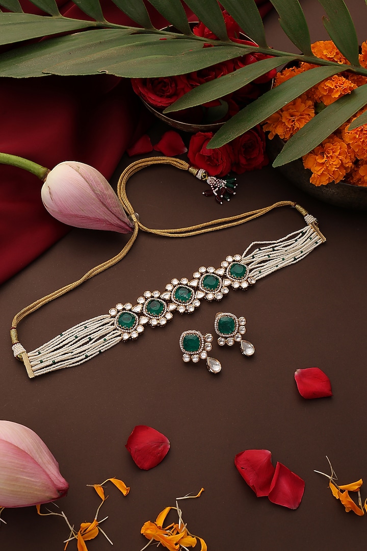 Gold Finish Kundan Polki & Emerald Stone Choker Necklace Set by Swabhimann Jewellery at Pernia's Pop Up Shop