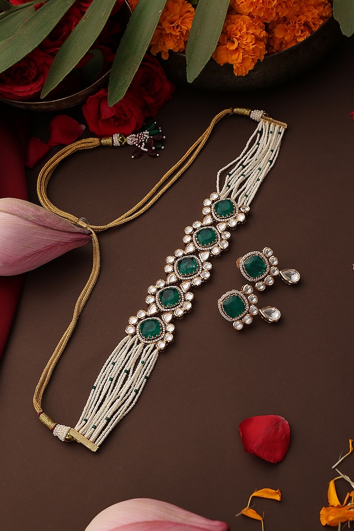 Gold Finish Kundan Polki & Emerald Stone Choker Necklace Set by Swabhimann Jewellery at Pernia's Pop Up Shop
