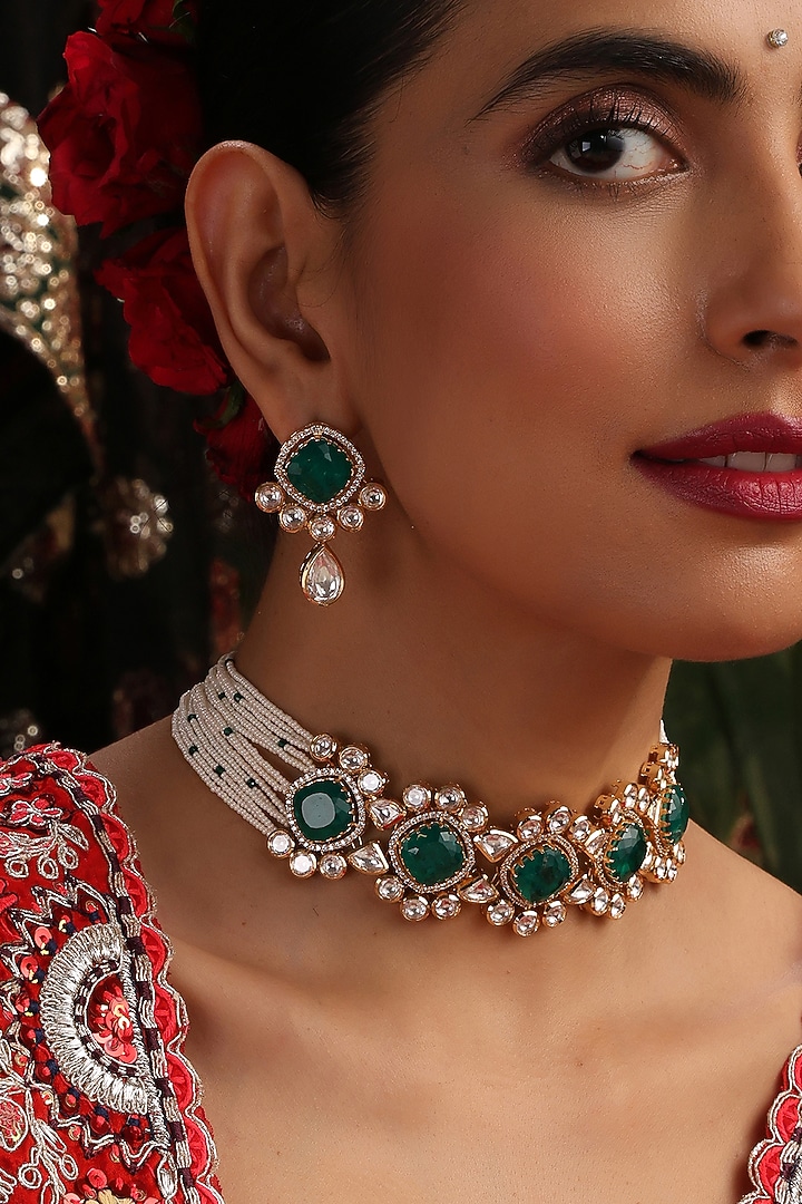 Gold Finish Kundan Polki & Emerald Stone Choker Necklace Set by Swabhimann Jewellery at Pernia's Pop Up Shop