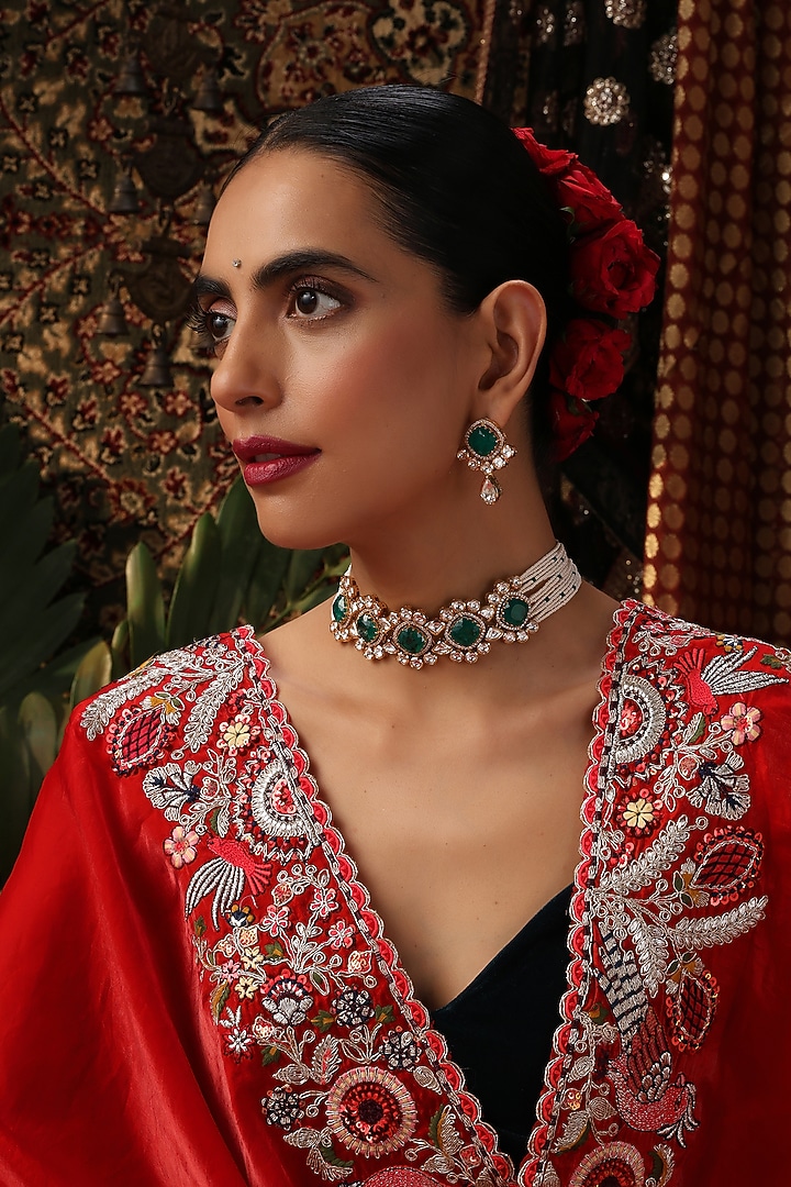 Gold Finish Kundan Polki & Emerald Stone Choker Necklace Set by Swabhimann Jewellery at Pernia's Pop Up Shop