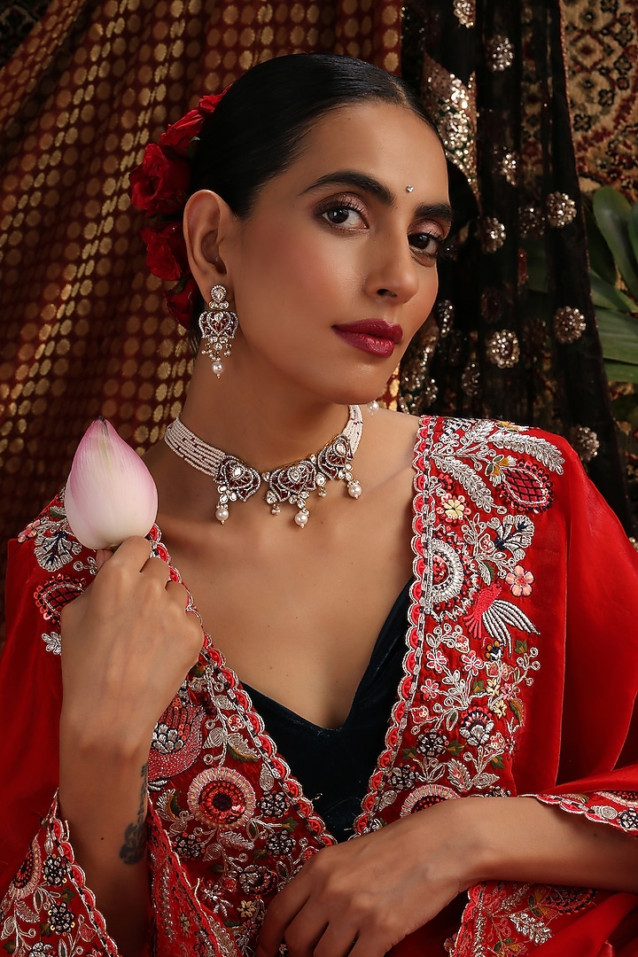 Gold Finish Red Stone & Kundan Polki Choker Necklace Set by Swabhimann Jewellery at Pernia's Pop Up Shop