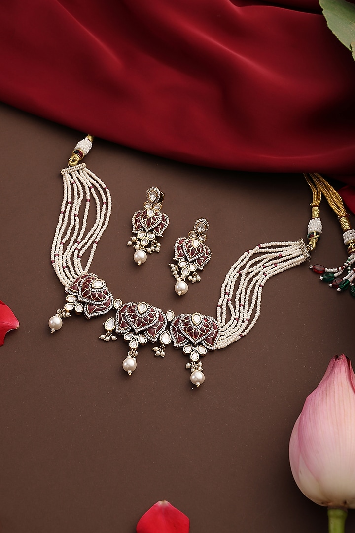 Gold Finish Red Stone & Kundan Polki Choker Necklace Set by Swabhimann Jewellery at Pernia's Pop Up Shop