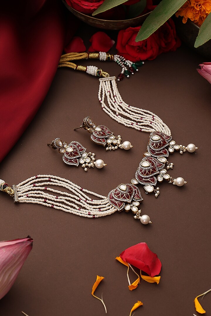 Gold Finish Red Stone & Kundan Polki Choker Necklace Set by Swabhimann Jewellery at Pernia's Pop Up Shop