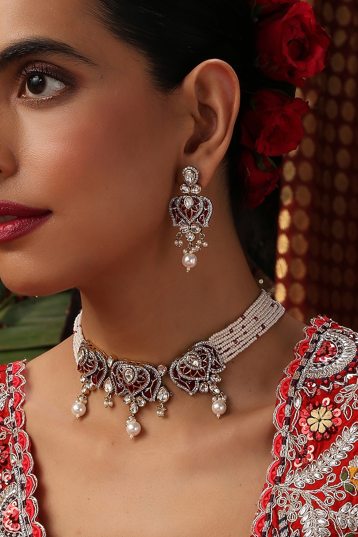 Gold Finish Red Stone & Kundan Polki Choker Necklace Set by Swabhimann Jewellery at Pernia's Pop Up Shop