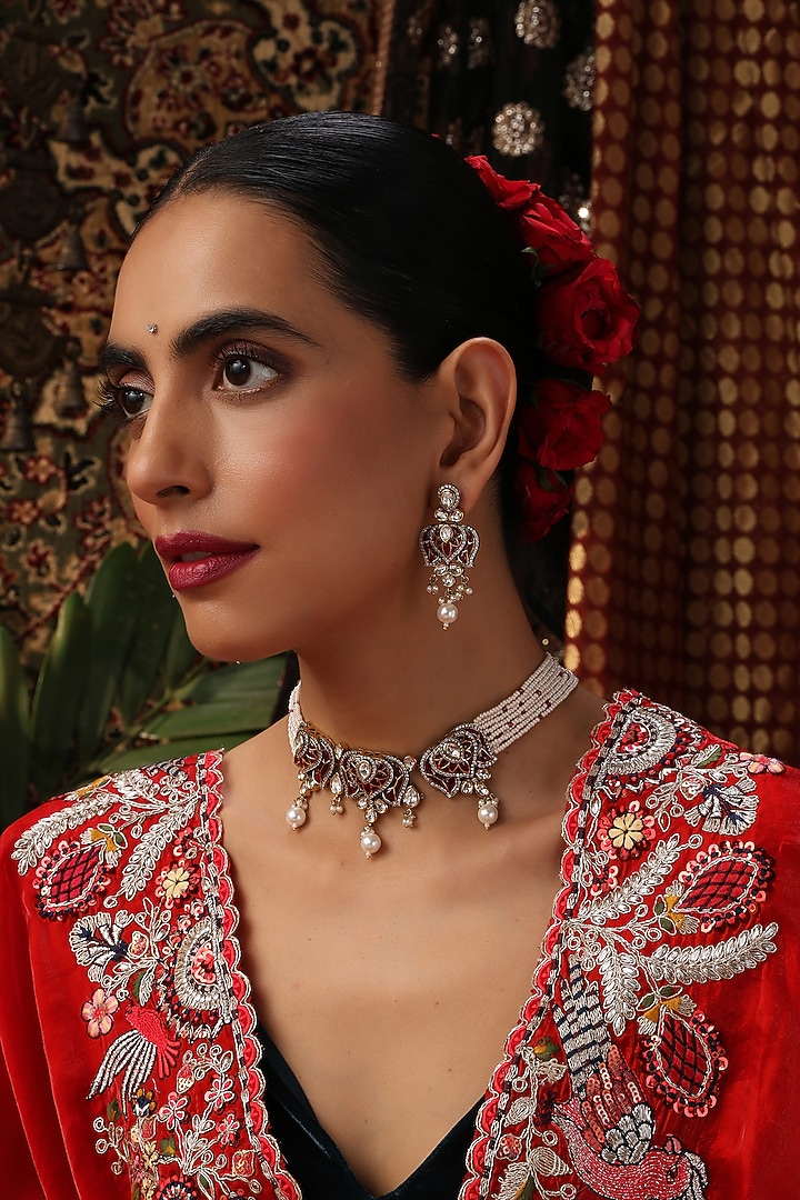 Gold Finish Red Stone & Kundan Polki Choker Necklace Set by Swabhimann Jewellery at Pernia's Pop Up Shop