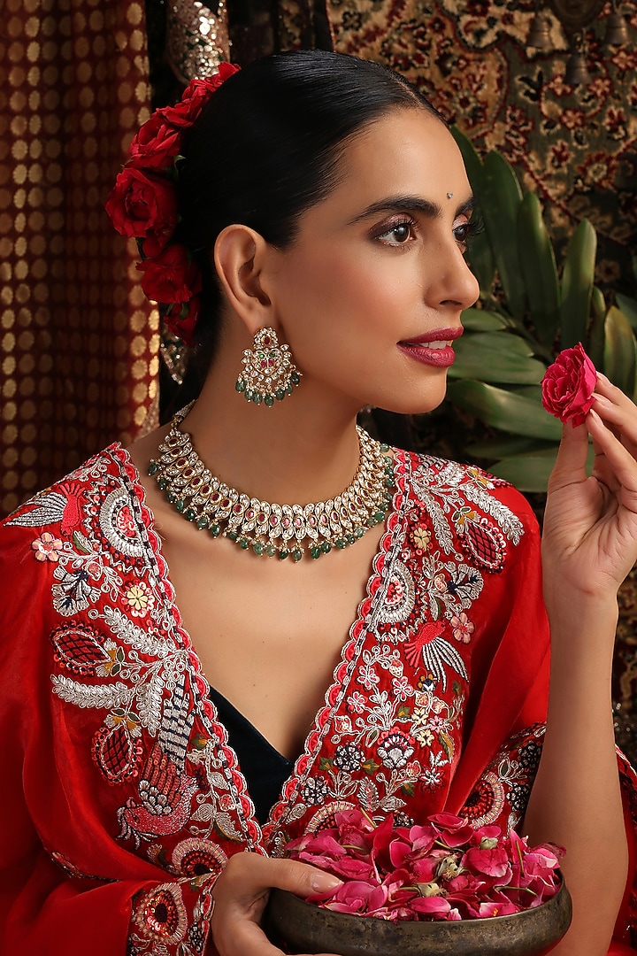 Gold Finish Kundan Polki & Mint Stone Necklace Set by Swabhimann Jewellery at Pernia's Pop Up Shop
