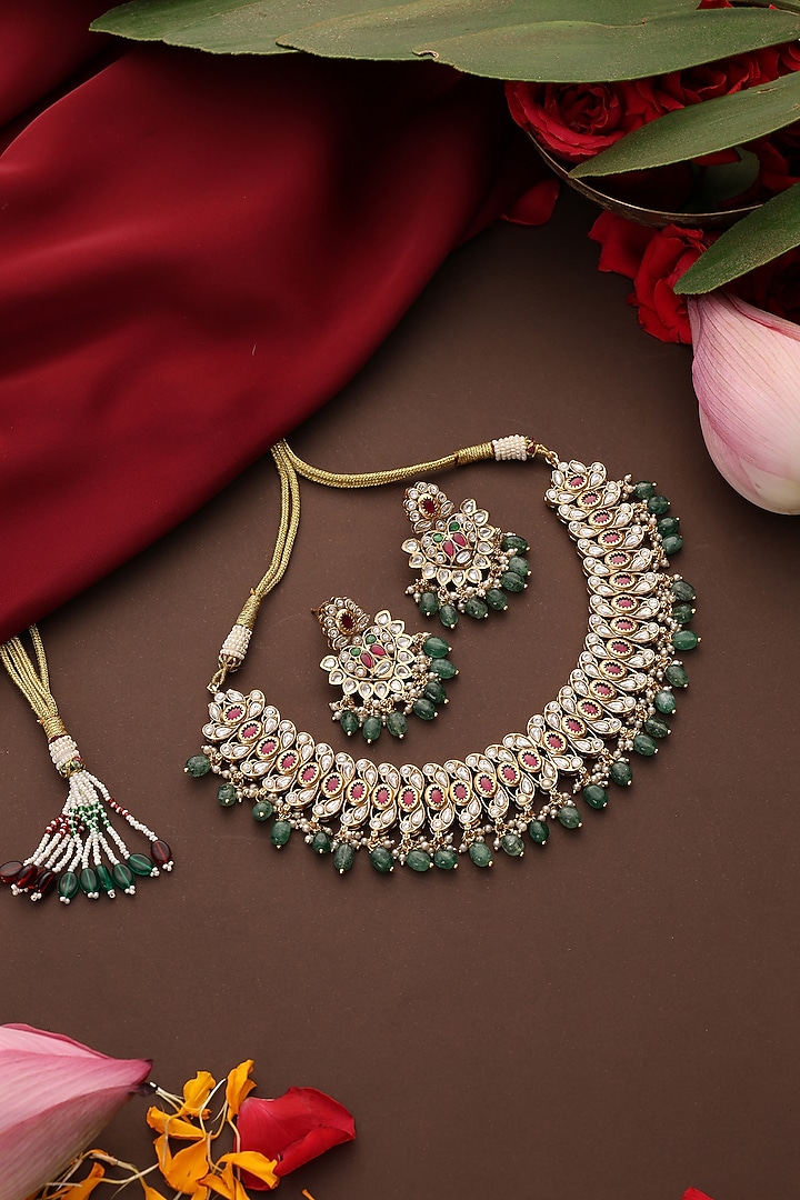 Gold Finish Kundan Polki & Mint Stone Necklace Set by Swabhimann Jewellery at Pernia's Pop Up Shop