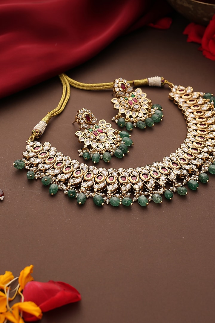 Gold Finish Kundan Polki & Mint Stone Necklace Set by Swabhimann Jewellery at Pernia's Pop Up Shop