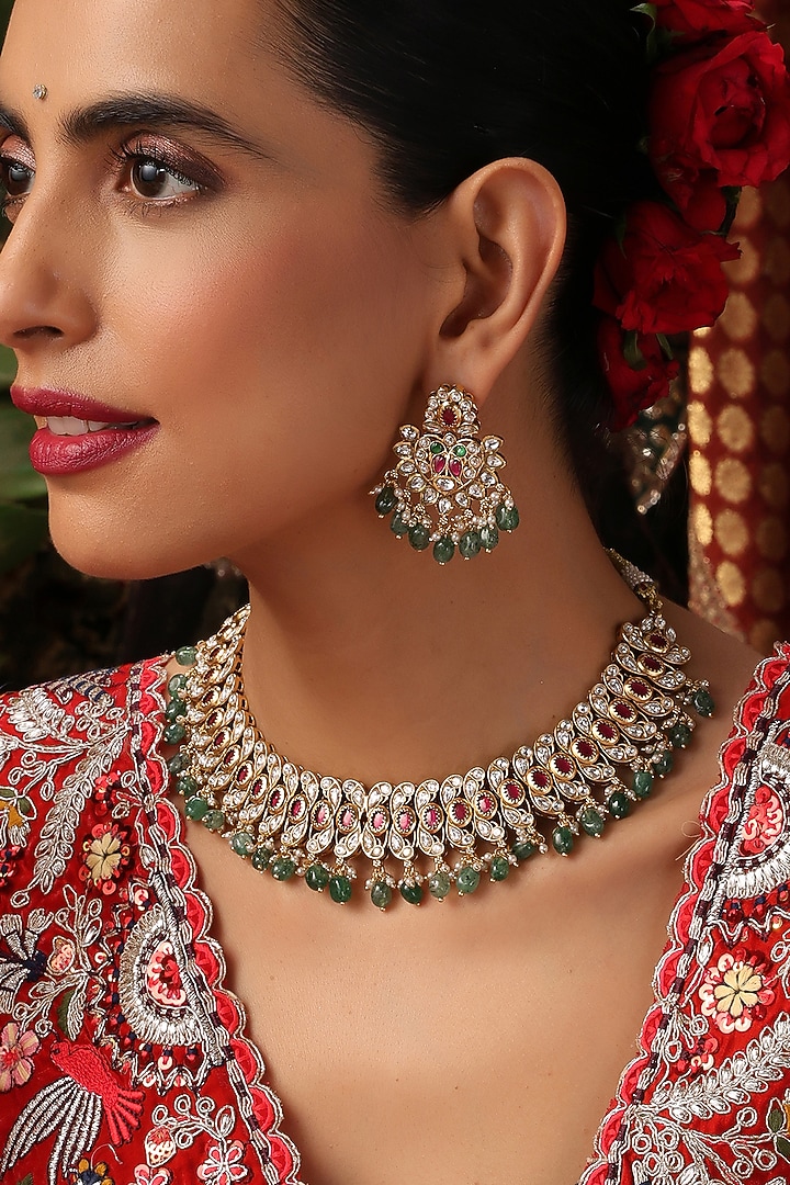 Gold Finish Kundan Polki & Mint Stone Necklace Set by Swabhimann Jewellery at Pernia's Pop Up Shop