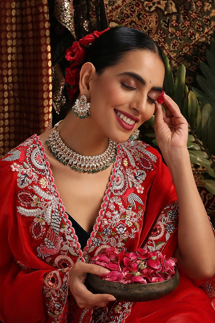 Gold Finish Kundan Polki & Mint Stone Necklace Set by Swabhimann Jewellery at Pernia's Pop Up Shop