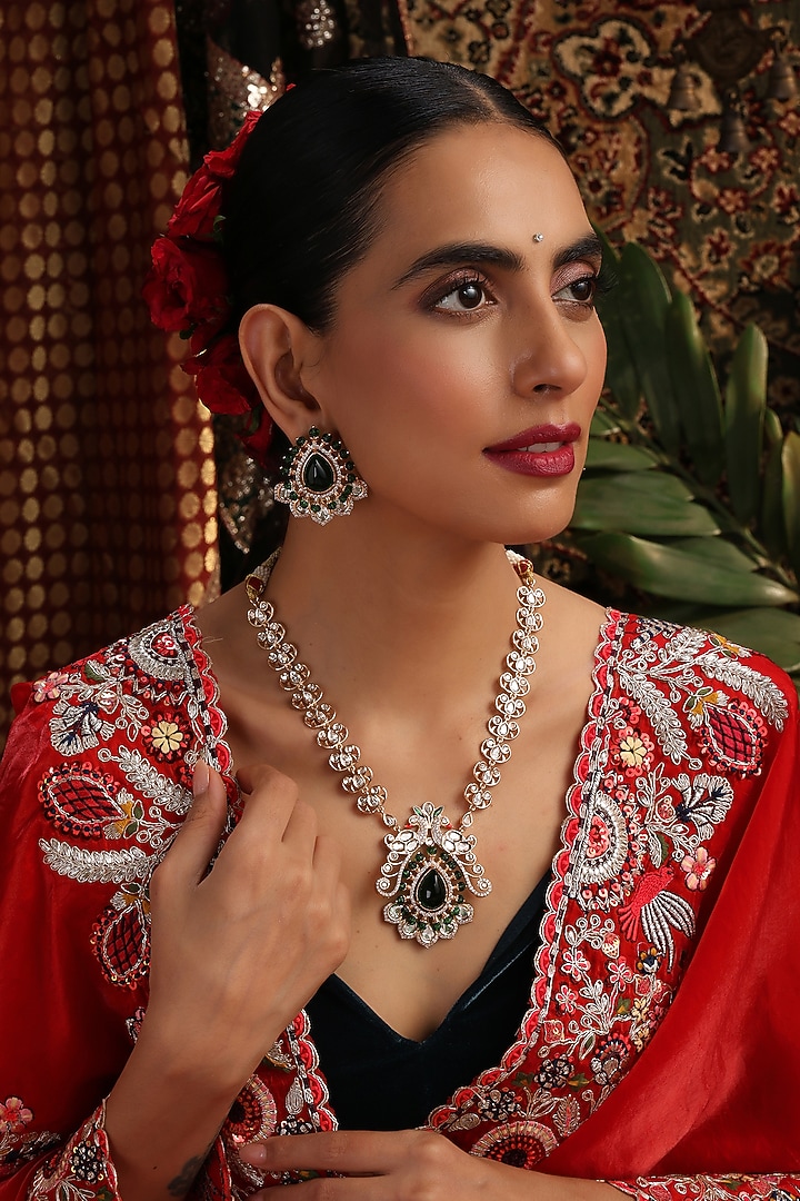 Rose Gold Finish Kundan Polki & Green Stone Pendant Necklace Set by Swabhimann Jewellery at Pernia's Pop Up Shop