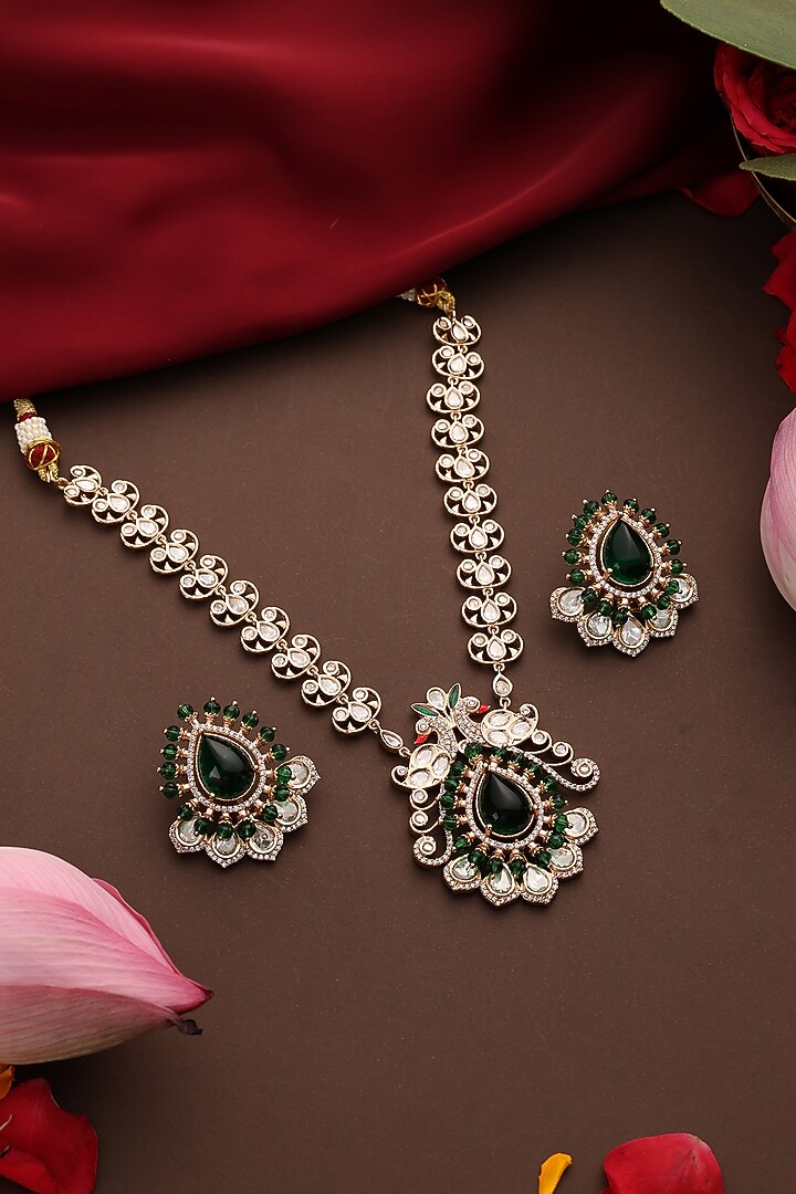 Rose Gold Finish Kundan Polki & Green Stone Pendant Necklace Set by Swabhimann Jewellery at Pernia's Pop Up Shop