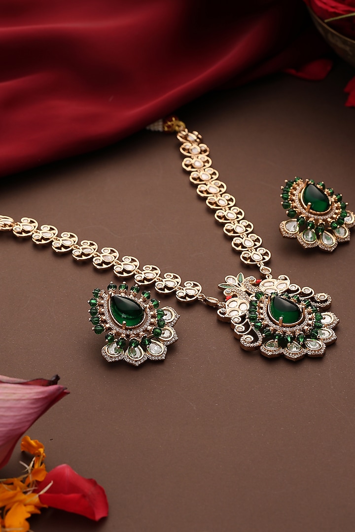Rose Gold Finish Kundan Polki & Green Stone Pendant Necklace Set by Swabhimann Jewellery at Pernia's Pop Up Shop