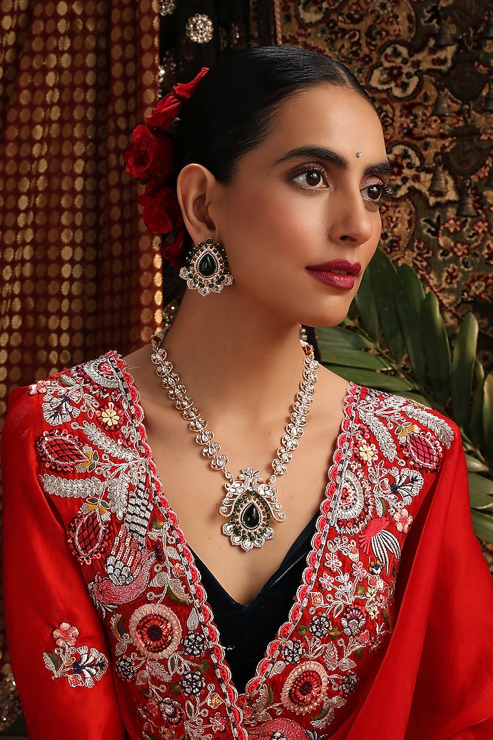 Rose Gold Finish Kundan Polki & Green Stone Pendant Necklace Set by Swabhimann Jewellery at Pernia's Pop Up Shop