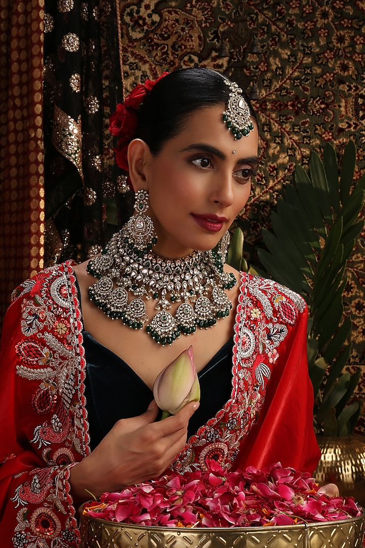 Gold Finish Kundan Polki & Green Stone Choker Necklace Set by Swabhimann Jewellery at Pernia's Pop Up Shop