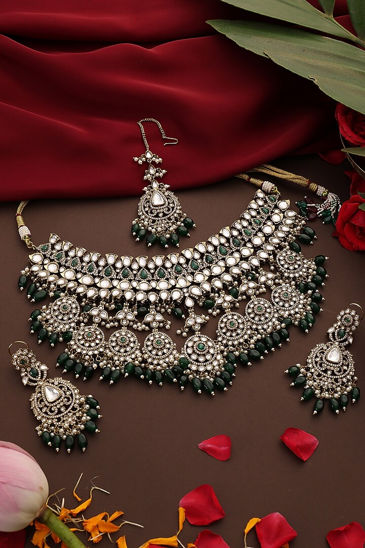 Gold Finish Kundan Polki & Green Stone Choker Necklace Set by Swabhimann Jewellery at Pernia's Pop Up Shop