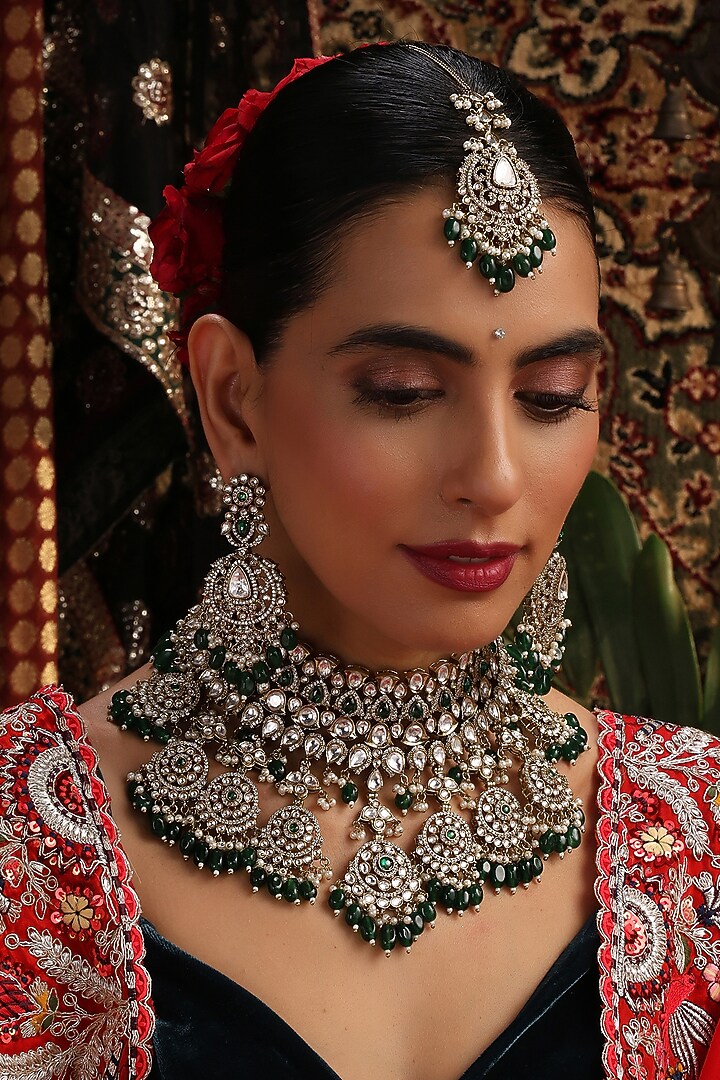 Gold Finish Kundan Polki & Green Stone Choker Necklace Set by Swabhimann Jewellery at Pernia's Pop Up Shop