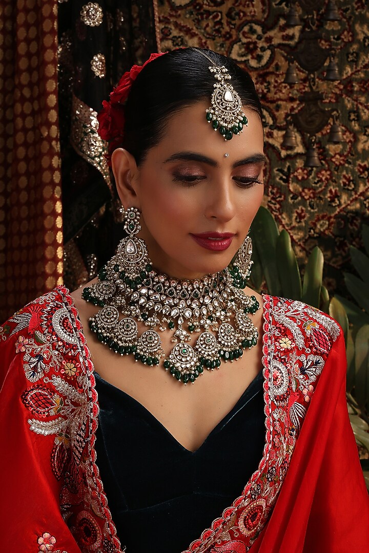 Gold Finish Kundan Polki & Green Stone Choker Necklace Set by Swabhimann Jewellery at Pernia's Pop Up Shop