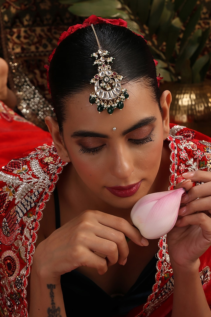 Gold Finish Kundan Polki & Green Stone Maangtikka by Swabhimann Jewellery at Pernia's Pop Up Shop