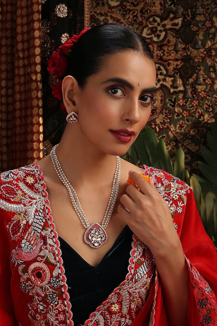 Rose Gold Finish Pink Kundan Polki Pendant Necklace Set by Swabhimann Jewellery at Pernia's Pop Up Shop