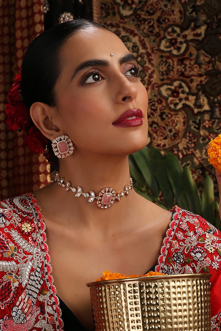 Rose Gold Finish Pink Stone & Kundan Polki Choker Necklace Set by Swabhimann Jewellery at Pernia's Pop Up Shop