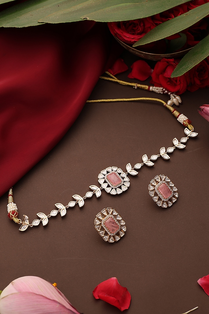 Rose Gold Finish Pink Stone & Kundan Polki Choker Necklace Set by Swabhimann Jewellery at Pernia's Pop Up Shop