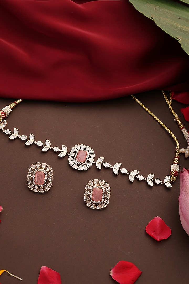 Rose Gold Finish Pink Stone & Kundan Polki Choker Necklace Set by Swabhimann Jewellery at Pernia's Pop Up Shop