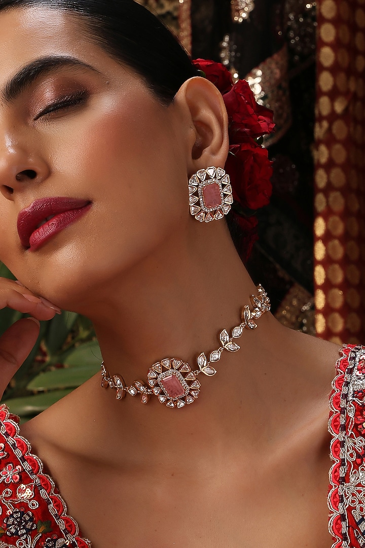 Rose Gold Finish Pink Stone & Kundan Polki Choker Necklace Set by Swabhimann Jewellery at Pernia's Pop Up Shop