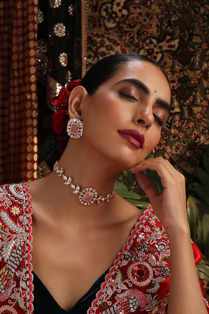 Rose Gold Finish Pink Stone & Kundan Polki Choker Necklace Set by Swabhimann Jewellery at Pernia's Pop Up Shop
