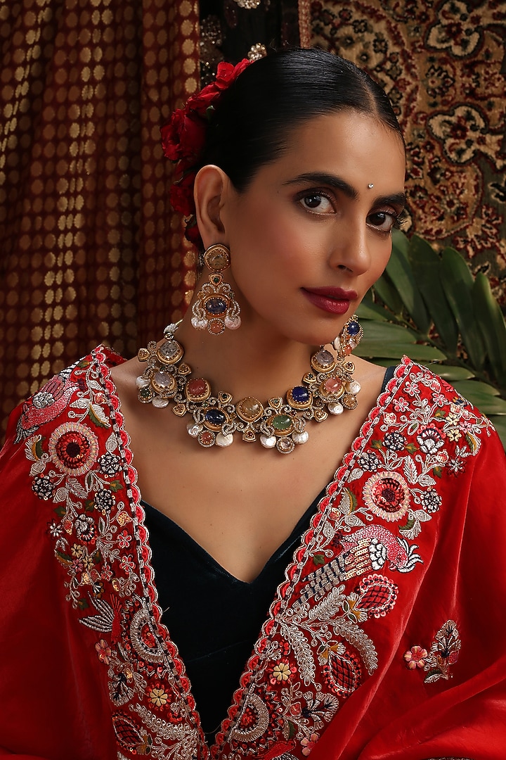 Gold Finish Multi-Colored Kundan Polki & Zirconia Necklace Set by Swabhimann Jewellery at Pernia's Pop Up Shop