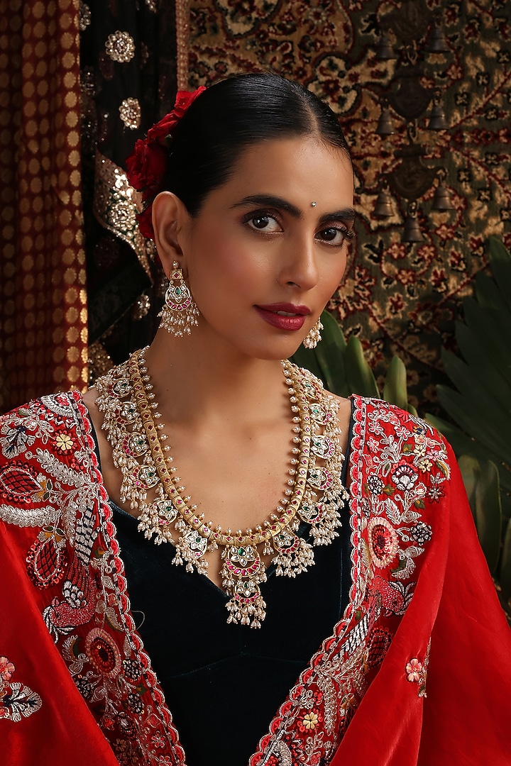 Gold Finish Multi-Colored Kundan Polki Jadau Long Necklace Set by Swabhimann Jewellery at Pernia's Pop Up Shop