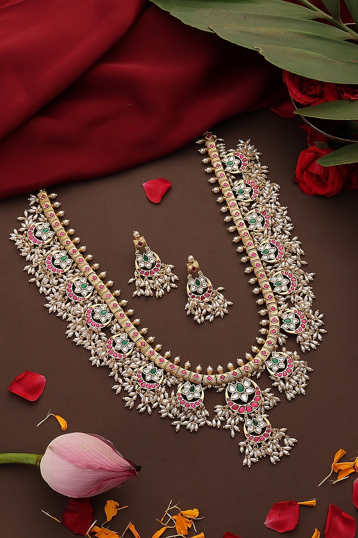 Gold Finish Multi-Colored Kundan Polki Jadau Long Necklace Set by Swabhimann Jewellery at Pernia's Pop Up Shop
